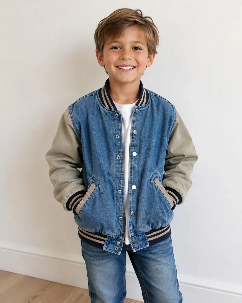 Old Navy VNTG denim Jacket Childs 8 Varsity Bomber Coat Cotton Denim Button